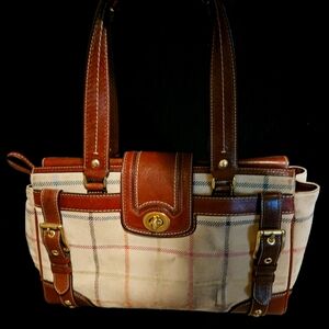 Coach Plaid Tote Bag with Brown Leather Accents